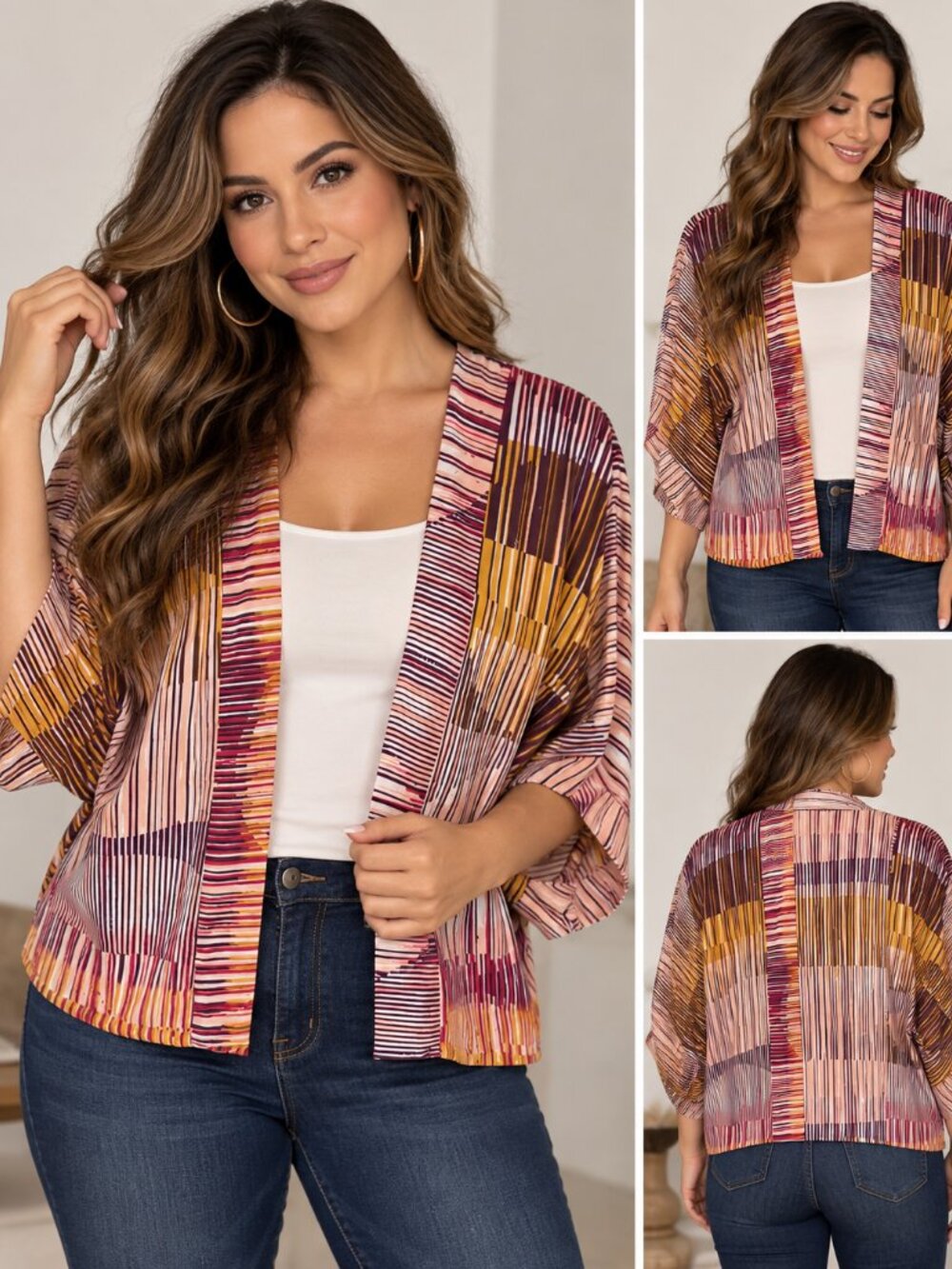 CAbi Mon Ami Kimono Style 247 Small Multicolor Striped Open Front Jacket